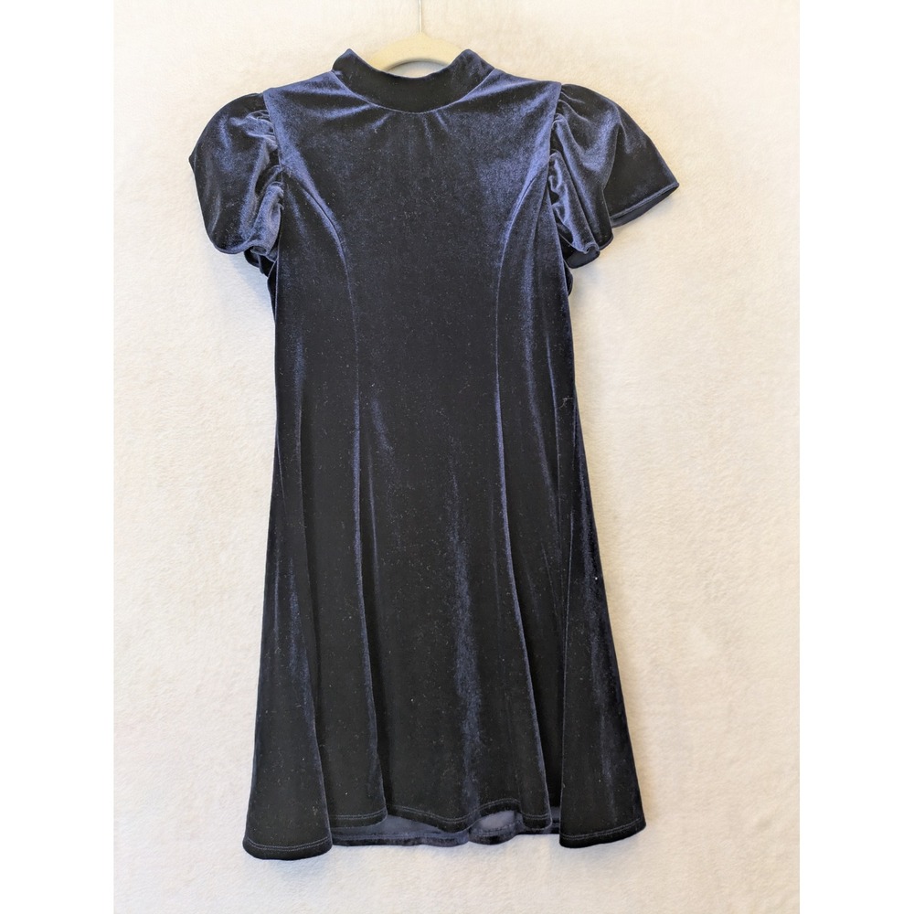 Zunie Velvet Dress Girl's Size M 10/12 Navy Blue‎ Puff Sleeve Mock Neck A-Line